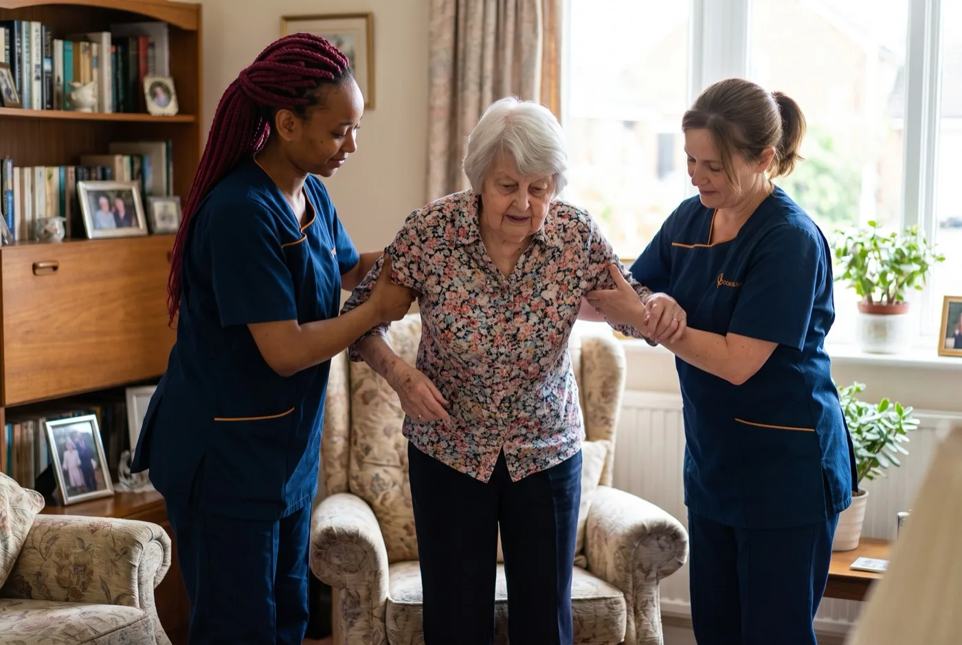 Two carers in navy Karis Care uniforms with logo on left chest supporting an elderly woman with a safe transfer at home in Hampshire