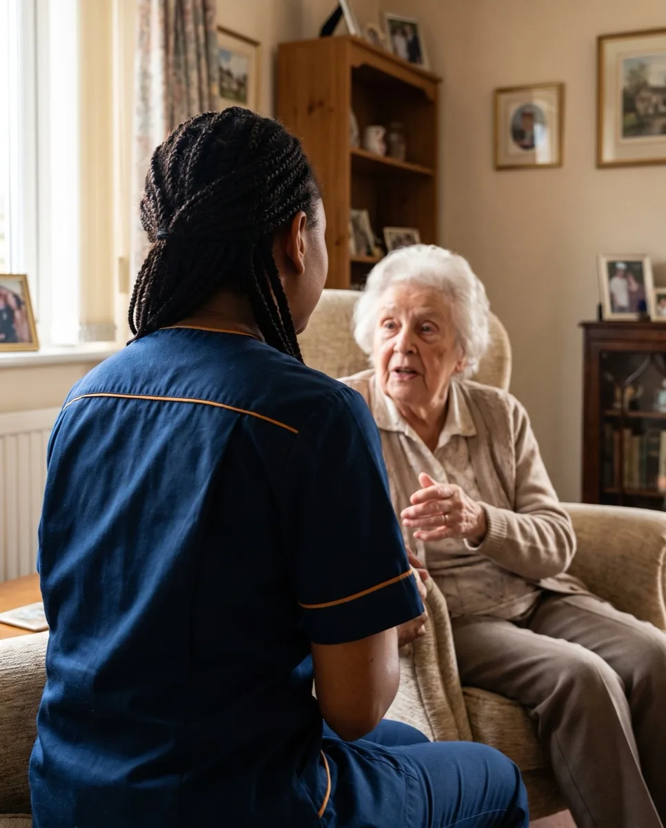 A Karis Care carer in navy uniform, seen from behind, listening to an elderly client talking in her armchair at home