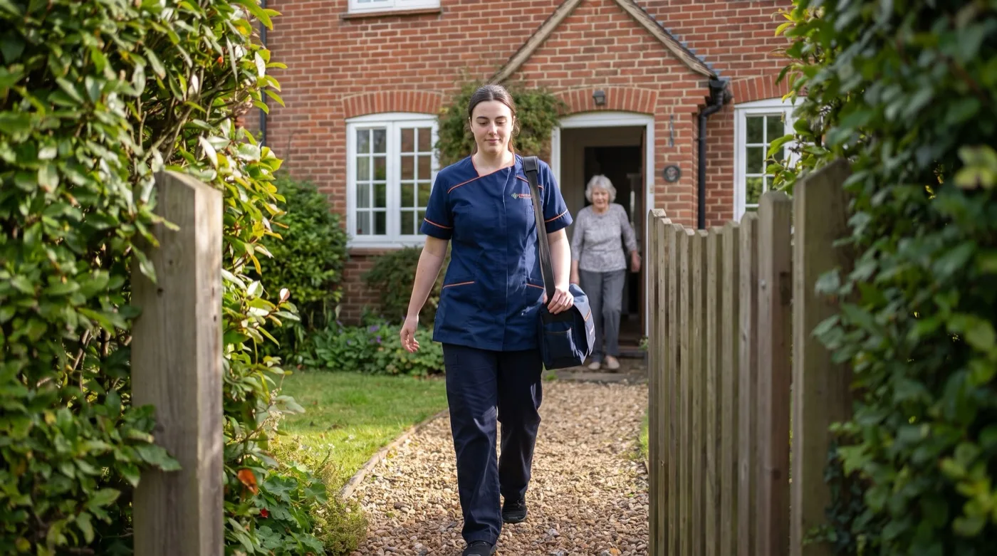 A Karis Care carer walking up the front path of a red brick Hampshire cottage to begin a home visit