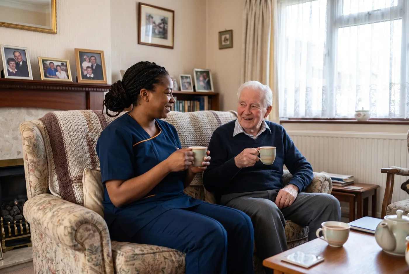 Carer in navy Karis Care uniform with logo on left chest reading a magazine with an elderly client at home in Hampshire after care has started