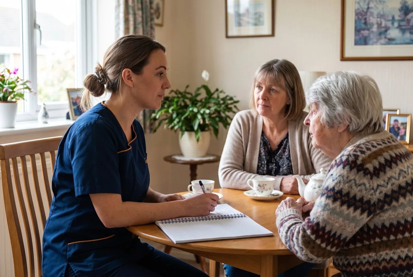 Assessor in navy Karis Care uniform with logo on left chest carrying out a free home care assessment with a client and her daughter in Hampshire