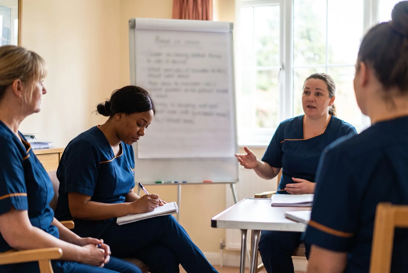 Care staff in navy Karis Care uniforms taking notes during a training session