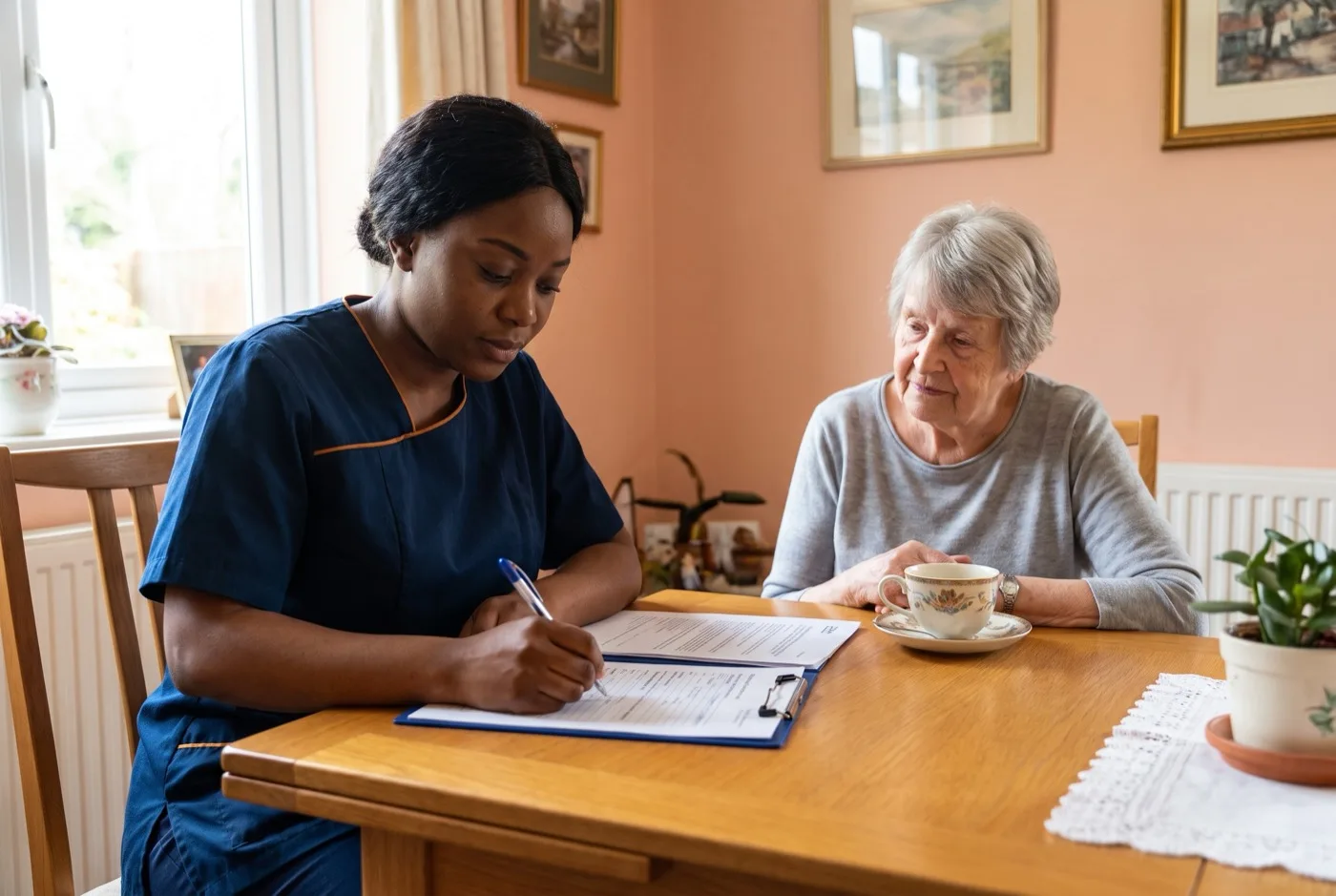 Registered nurse in navy Karis Care uniform with logo on left chest completing a free home care assessment with a client and her daughter in Hampshire