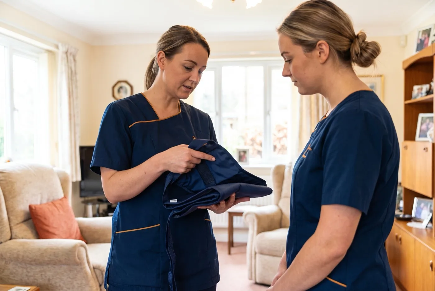 A registered nurse demonstrating safe hoist sling use to a carer during training, with no client present