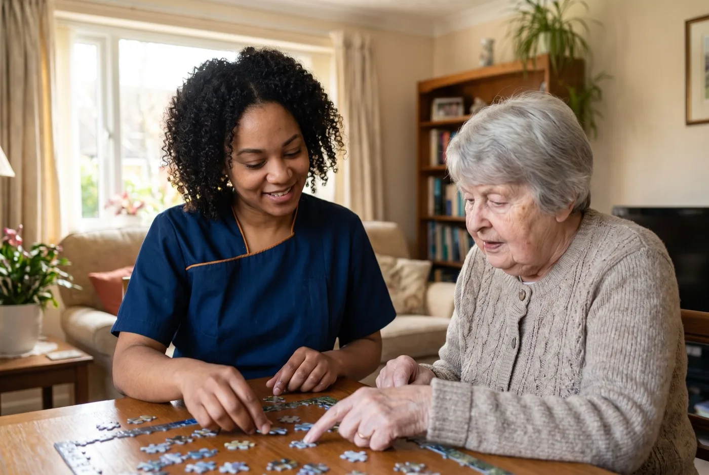 Day sitting carer in navy Karis Care uniform with logo on left chest doing a jigsaw with an elderly woman in her Hampshire living room