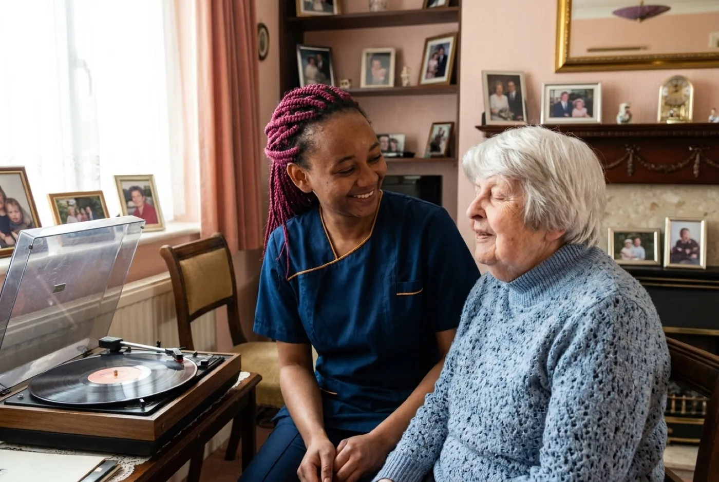 Carer in navy Karis Care uniform with logo on left chest listening to music with an elderly man living with dementia at home in Hampshire