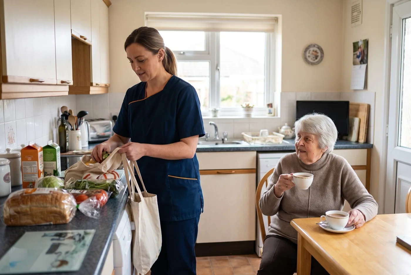 Carer in navy Karis Care uniform with logo on left chest unpacking shopping and supporting an elderly woman settling home after hospital in Hampshire