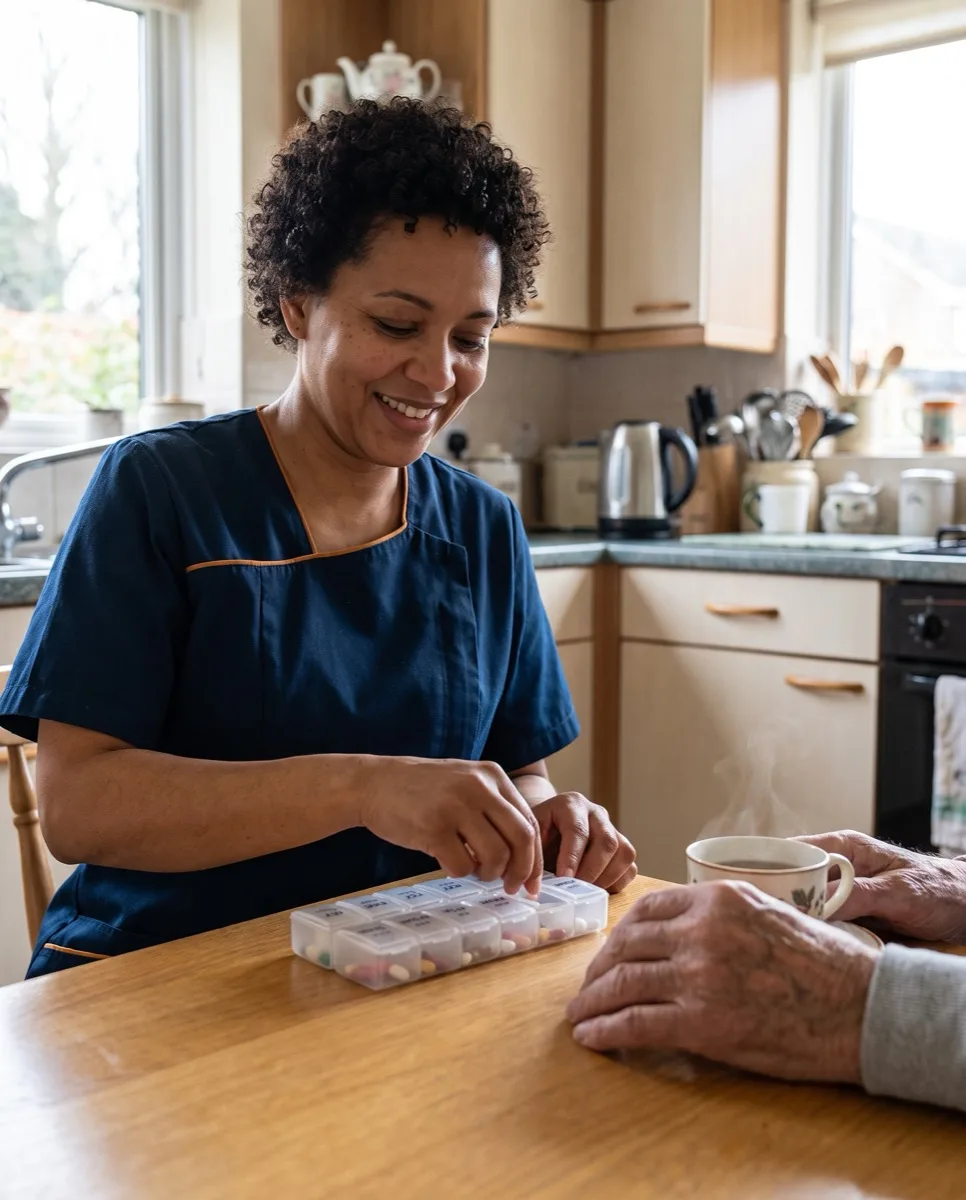 Live-in carer in navy Karis Care uniform with logo on left chest supporting an elderly man with his morning medication in a Hampshire kitchen