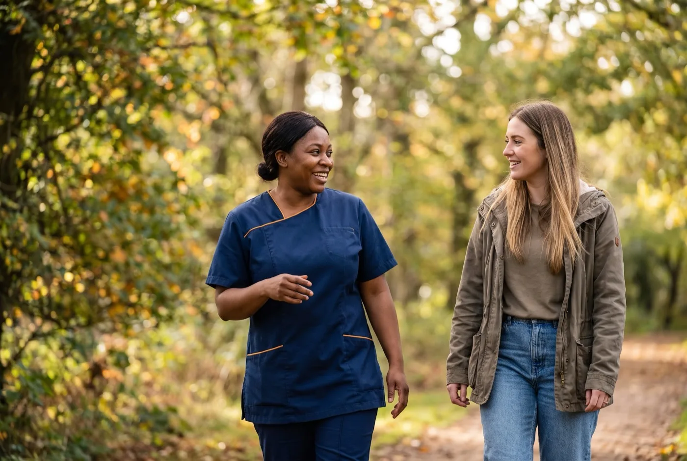 Karis Care support worker in navy uniform walking and talking with a woman she supports during an outing in Hampshire