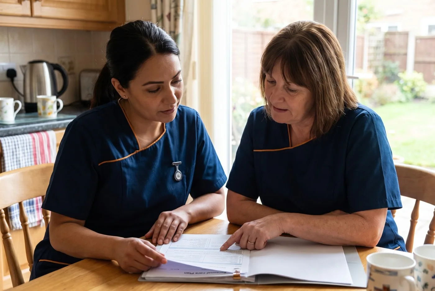 A registered nurse and carer in navy Karis uniforms reviewing a personal care plan together at a kitchen table