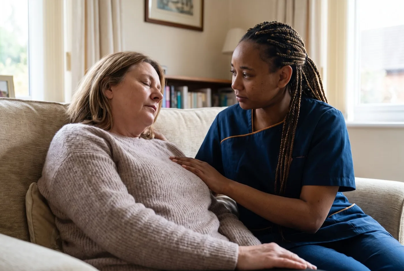 Carer in navy Karis Care uniform with logo on left chest sitting quietly with a family member at a kitchen table in Hampshire during palliative care