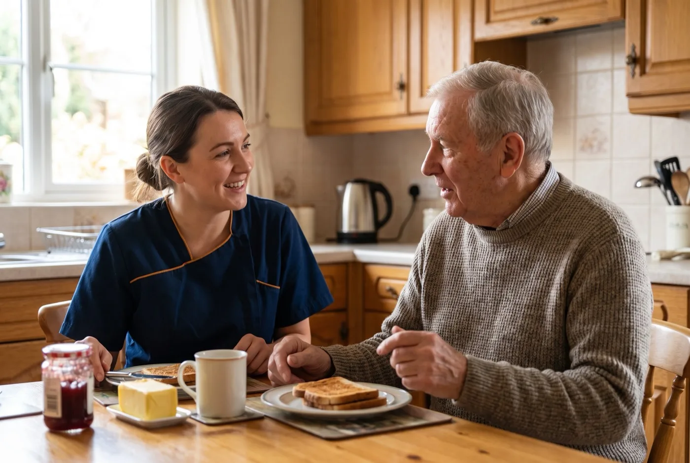 Carer in navy Karis Care uniform with logo on left chest serving breakfast and supporting morning medication for an elderly man in Hampshire