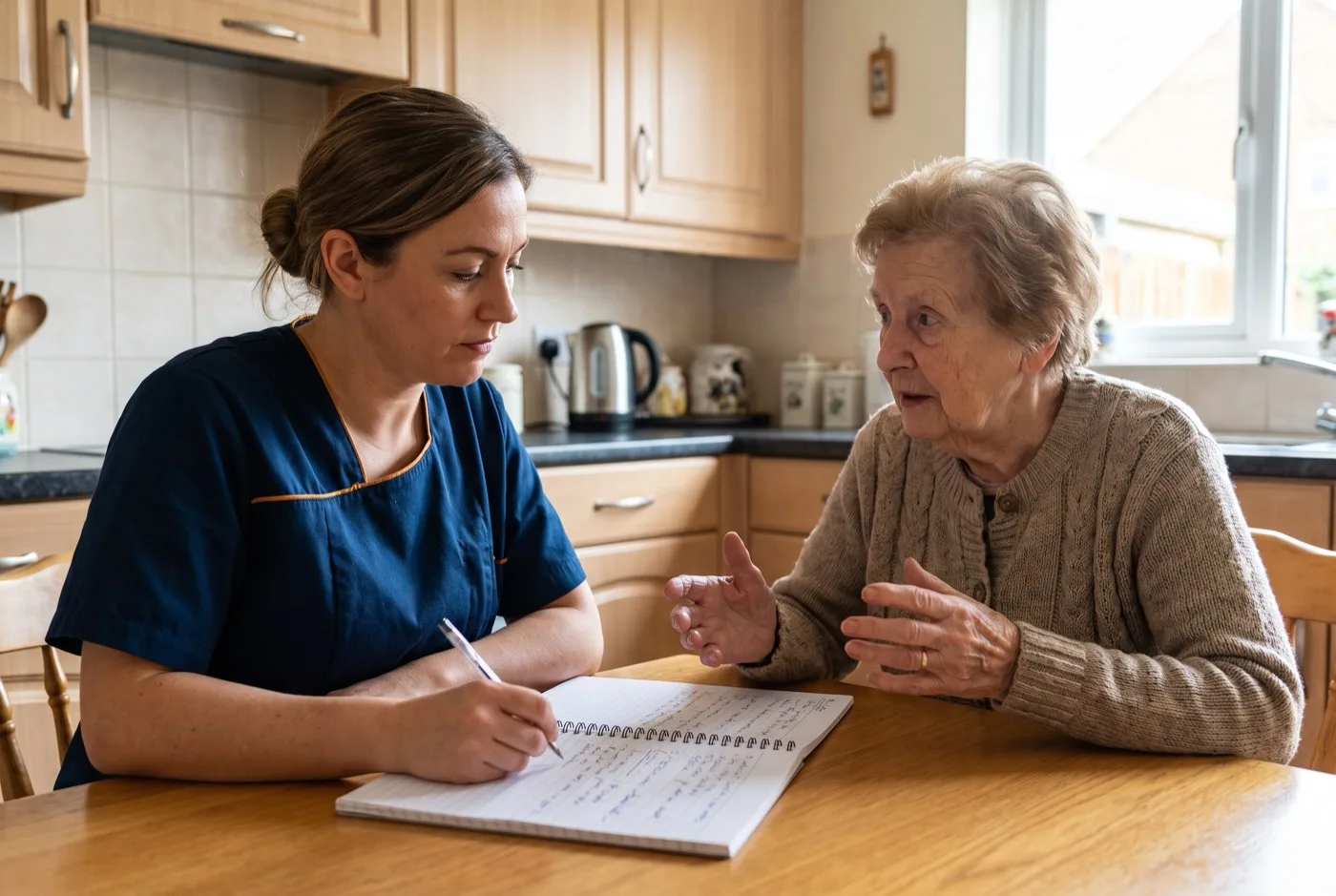 Respite carer in navy Karis Care uniform with logo on left chest taking handover notes from a family carer at a kitchen table in Hampshire