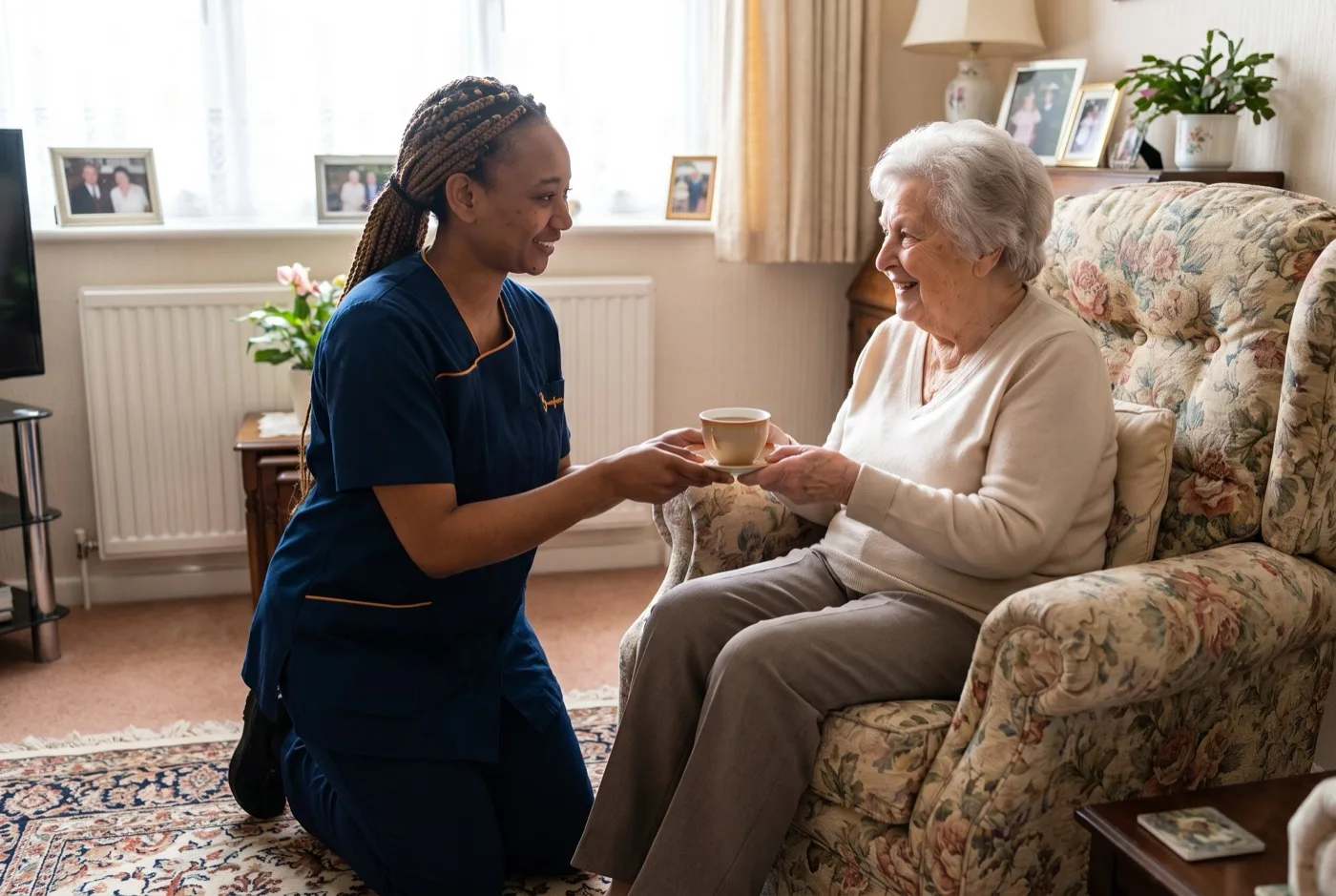 A Karis Care carer kneeling at eye level to hand a cup of tea to an elderly client in her armchair