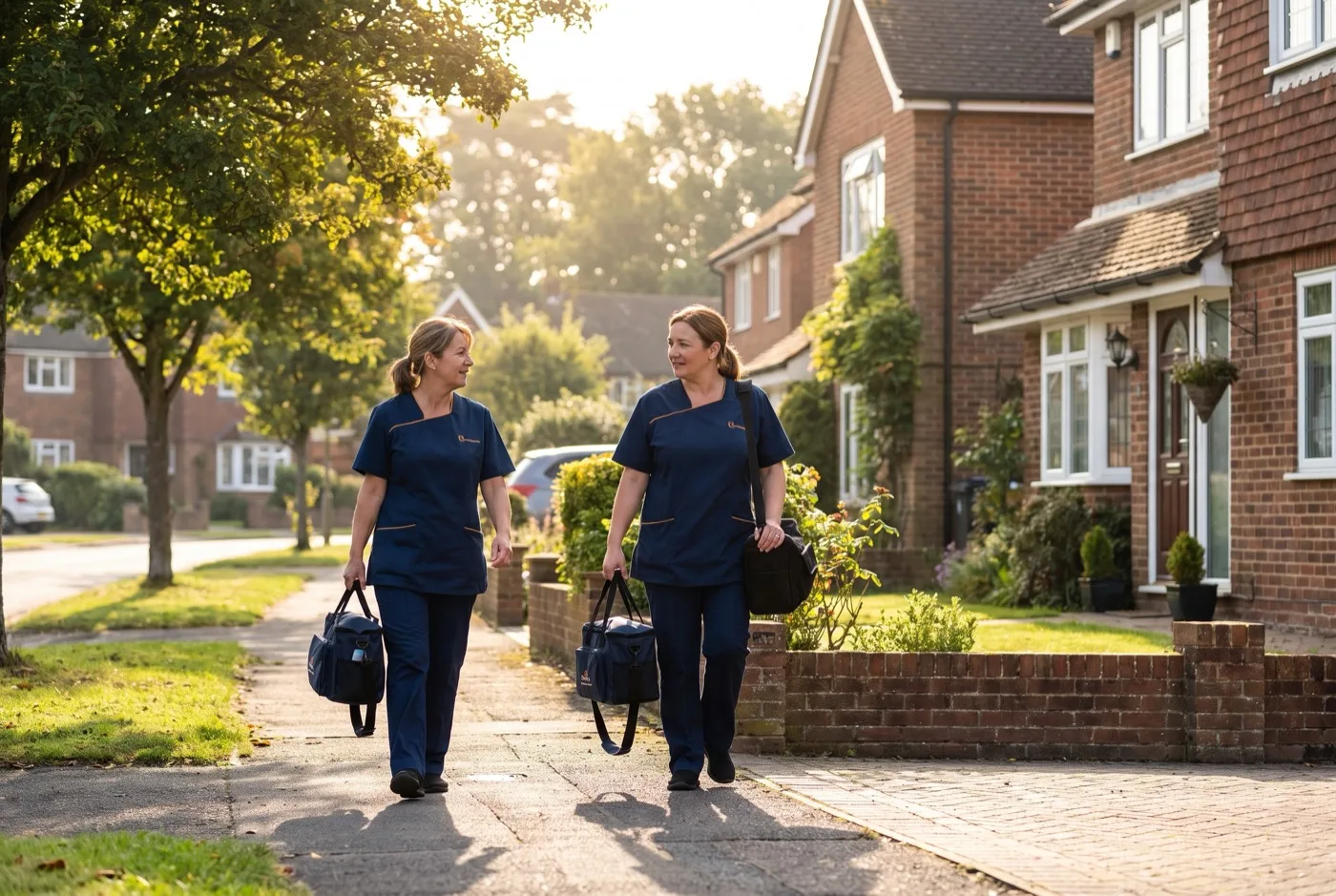 Two Karis Care carers in navy uniform walking up a Hampshire street to a home care visit